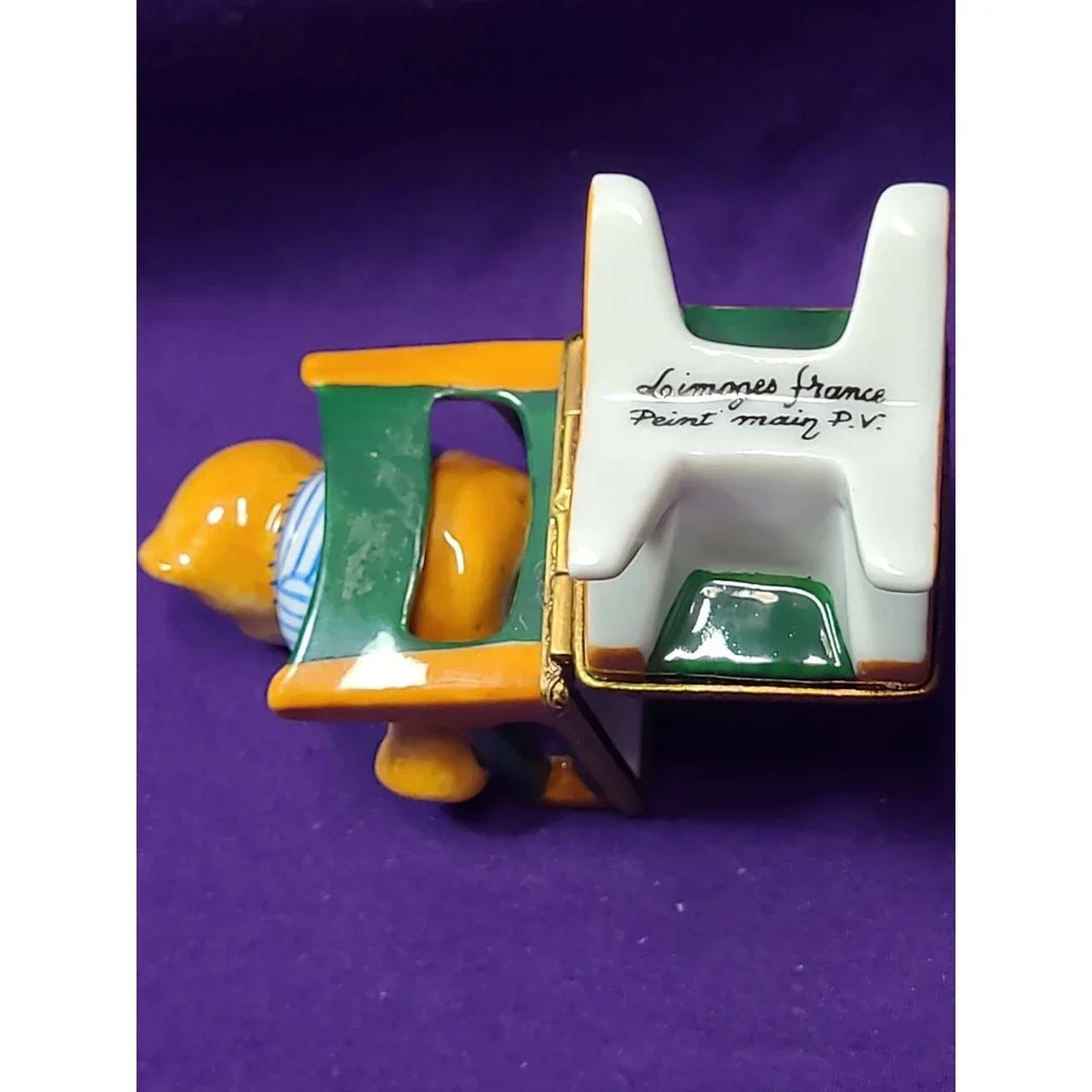 Limoges France Peint Main PV Teddy Bear in Directors Chair Porcelain Trinket Box
